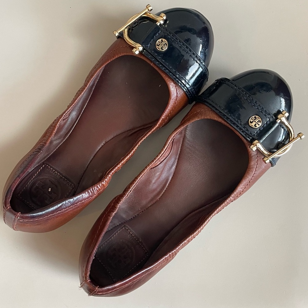 Tory Burch Noel Sienna Brown & Navy Ballet Flat Size 8